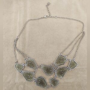 Olive Green Sparkly Bib Necklace Statement Piece Asymetrical Geometric Silver